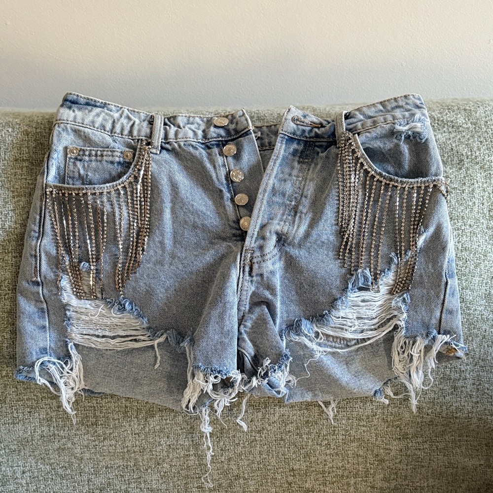 Distressed Denim Shorts with Chain Rhinestone Detail